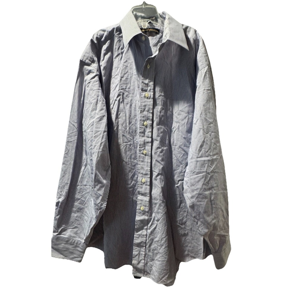 Vtg Tommy Hilfiger Button Shirt Blue Mens White Stripe XL 17.5 34 35 Long Slve